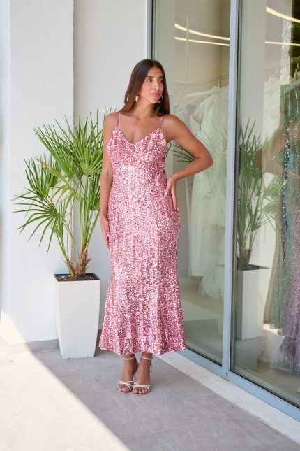 Φόρεμα midi με παγιέτες και λεπτές τιράντες ροζ