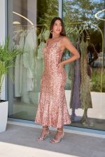 Φόρεμα midi με παγιέτες και λεπτές τιράντες rose gold