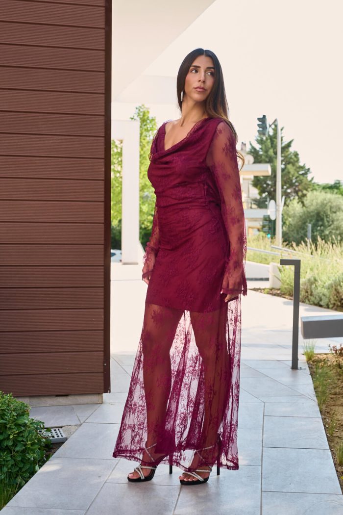Φόρεμα maxi με δαντέλα και cowl neck βουργουνδί