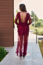 Φόρεμα maxi με δαντέλα και cowl neck βουργουνδί