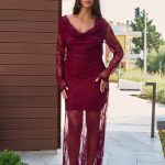 Φόρεμα maxi με δαντέλα και cowl neck βουργουνδί