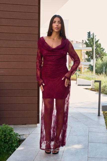 Φόρεμα maxi με δαντέλα και cowl neck βουργουνδί