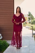 Φόρεμα maxi με δαντέλα και cowl neck βουργουνδί