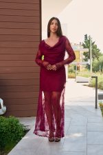 Φόρεμα maxi με δαντέλα και cowl neck βουργουνδί