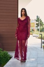 Φόρεμα maxi με δαντέλα και cowl neck βουργουνδί