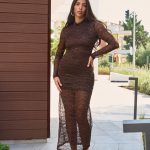 Φόρεμα maxi με δαντέλα και mock neck καφέ