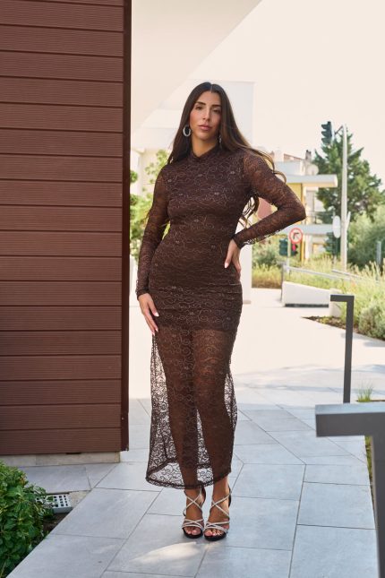 Φόρεμα maxi με δαντέλα και mock neck καφέ