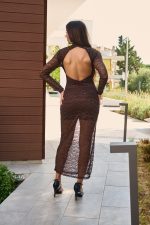 Φόρεμα maxi με δαντέλα και mock neck καφέ