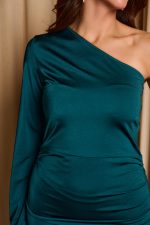 Φόρεμα mini one shoulder με σούρες κυπαρισσί