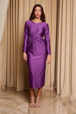 Φόρεμα midi με twist λεπτομέρεια στην μέση μωβ