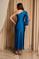 Φόρεμα midi one shoulder με twist λεπτομέρεια στην μέση πετρόλ