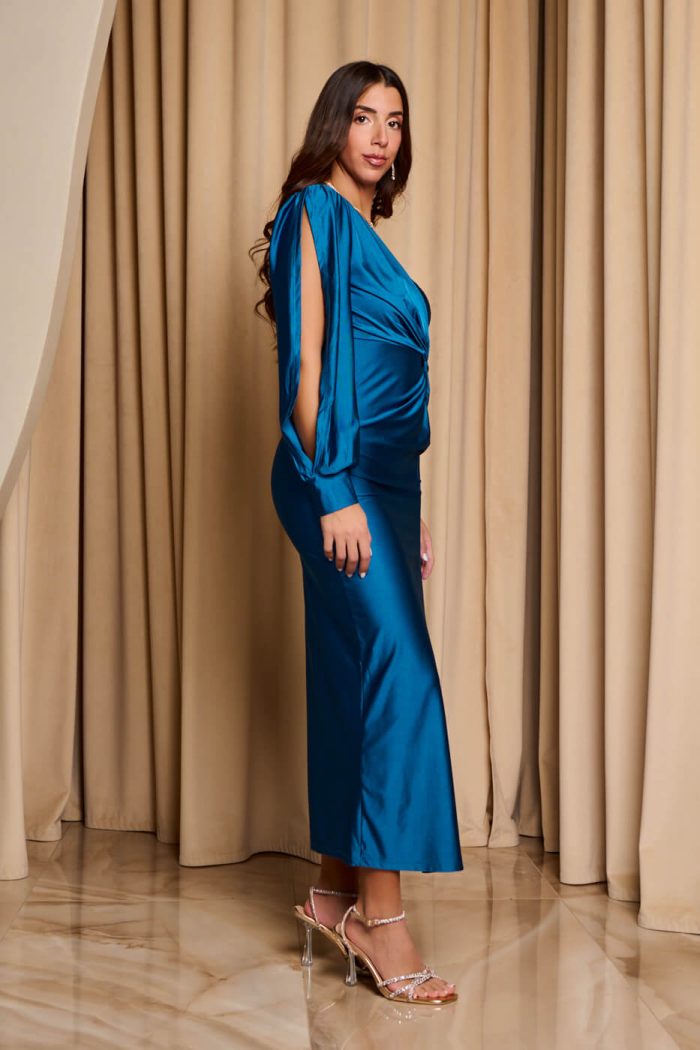 Φόρεμα midi one shoulder με twist λεπτομέρεια στην μέση πετρόλ