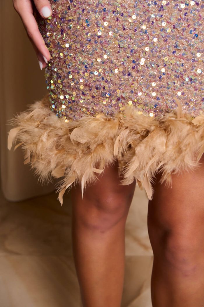 Φόρεμα mini με παγιέτες και feathers rose gold