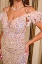 Φόρεμα maxi με παγιέτες και feathers baby pink