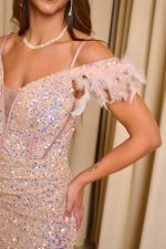 Φόρεμα maxi με παγιέτες και feathers baby pink