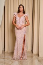 Φόρεμα maxi με παγιέτες και feathers baby pink