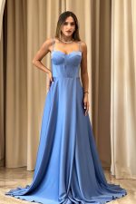 Φόρεμα maxi σατέν στράπλες με σκίσιμο dusty blue