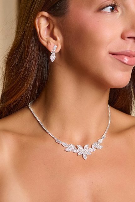 Σετ κολιέ - σκουλαρίκια με σχέδιο φύλλα κρεμαστά με στρας ασημί