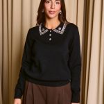 Μπλούζα πλεκτή μαύρο με πέτρες στον γιακά
