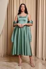 Φόρεμα midi σατέν με τιράντες μέντα - Image 2