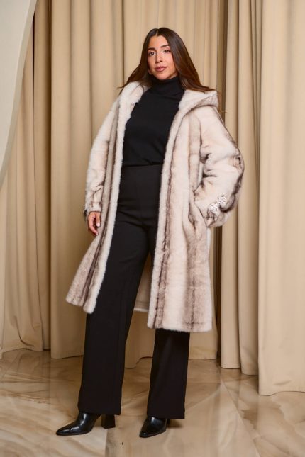 Γούνα με κουκούλα και στρας κοσμήματα γκρι ανοιχτό