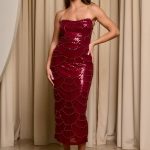 Φόρεμα στράπλες midi με παγιέτες και χάντρες βουργουνδί