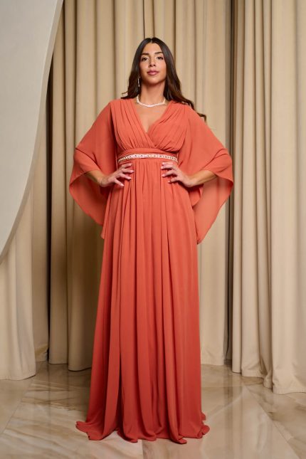 Φόρεμα maxi κρουαζέ καμμένο πορτοκαλί