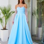 Φόρεμα Maxi Στραπλες Ταφτάς Γυαλιστερός με glitter στο μπούστο baby blue