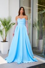 Φόρεμα Maxi Στραπλες Ταφτάς Γυαλιστερός με glitter στο μπούστο baby blue