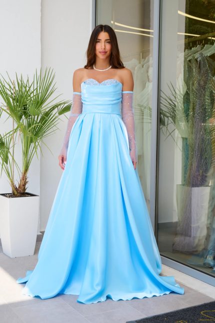 Φόρεμα Maxi Στραπλες Ταφτάς Γυαλιστερός με glitter στο μπούστο baby blue