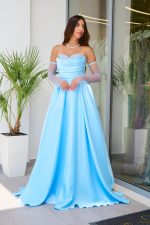 Φόρεμα Maxi Στραπλες Ταφτάς Γυαλιστερός με glitter στο μπούστο baby blue