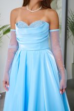 Φόρεμα Maxi Στραπλες Ταφτάς Γυαλιστερός με glitter στο μπούστο baby blue