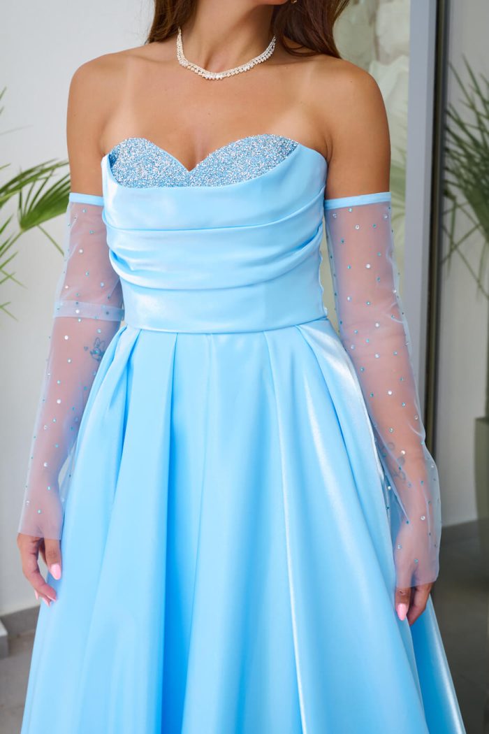 Φόρεμα Maxi Στραπλες Ταφτάς Γυαλιστερός με glitter στο μπούστο baby blue