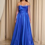 Φόρεμα Maxi Στραπλες Ταφτάς Γυαλιστερός με glitter στο μπούστο μπλε ρουα