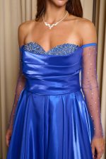 Φόρεμα Maxi Στραπλες Ταφτάς Γυαλιστερός με glitter στο μπούστο μπλε ρουα