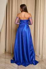 Φόρεμα Maxi Στραπλες Ταφτάς Γυαλιστερός με glitter στο μπούστο μπλε ρουα