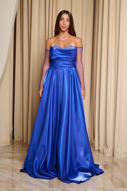 Φόρεμα Maxi Στραπλες Ταφτάς Γυαλιστερός με glitter στο μπούστο μπλε ρουα