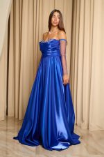 Φόρεμα Maxi Στραπλες Ταφτάς Γυαλιστερός με glitter στο μπούστο μπλε ρουα
