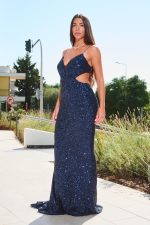 Φόρεμα maxi με παγιέτα και βαθύ V ντεκολτέ midnight blue