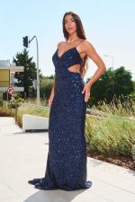 Φόρεμα maxi με παγιέτα και βαθύ V ντεκολτέ midnight blue