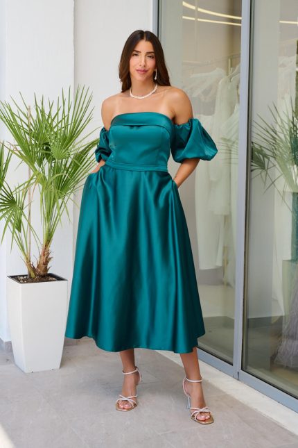 Φόρεμα midi σατέν με balloon μανίκια κυπαρισσί