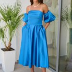 Φόρεμα midi σατέν με balloon μανίκια indigo