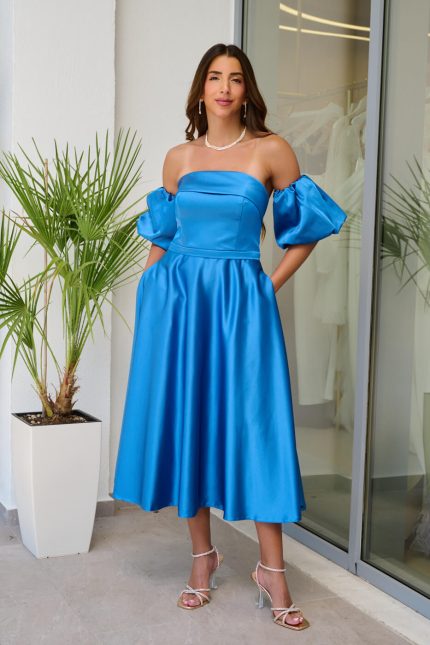 Φόρεμα midi σατέν με balloon μανίκια indigo