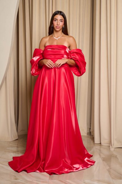 Φόρεμα maxi ταφτάς γυαλιστερός με balloon μανίκια κόκκινο