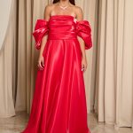 Φόρεμα maxi ταφτάς γυαλιστερός με balloon μανίκια κόκκινο