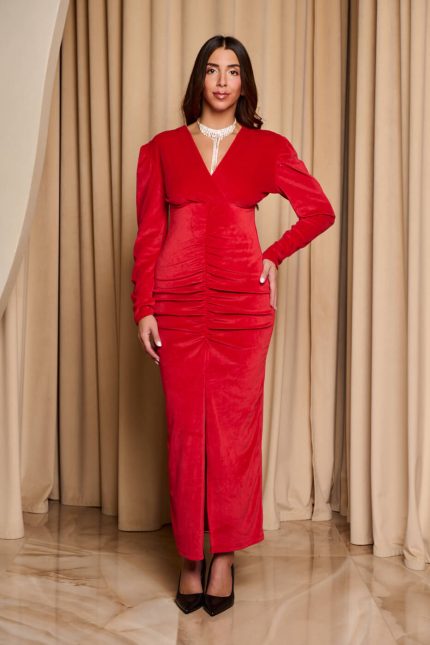 Φόρεμα midi βελούδο με σούρες και σχέδιο κρουαζέ κόκκινο