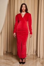 Φόρεμα midi βελούδο με σούρες και σχέδιο κρουαζέ κόκκινο