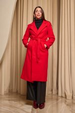 Παλτό με πέτο γιακά ζώνη και τσέπες κόκκινο - Image 2