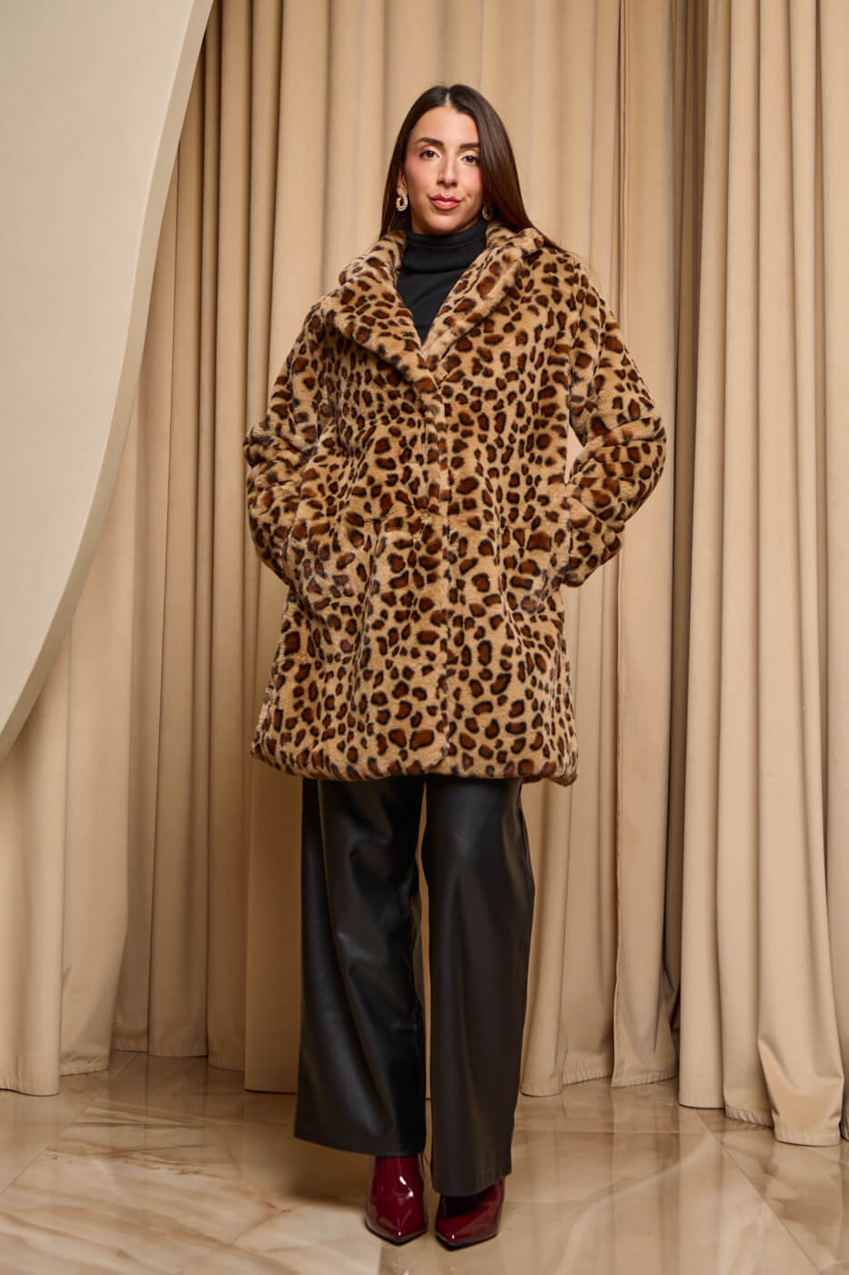 GA-1931 Γούνα με πέτο γιακά και τσέπες animal print