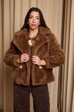 Γούνα με τσέπες και διακοσμητικά ζωνάρια καφέ - Image 3